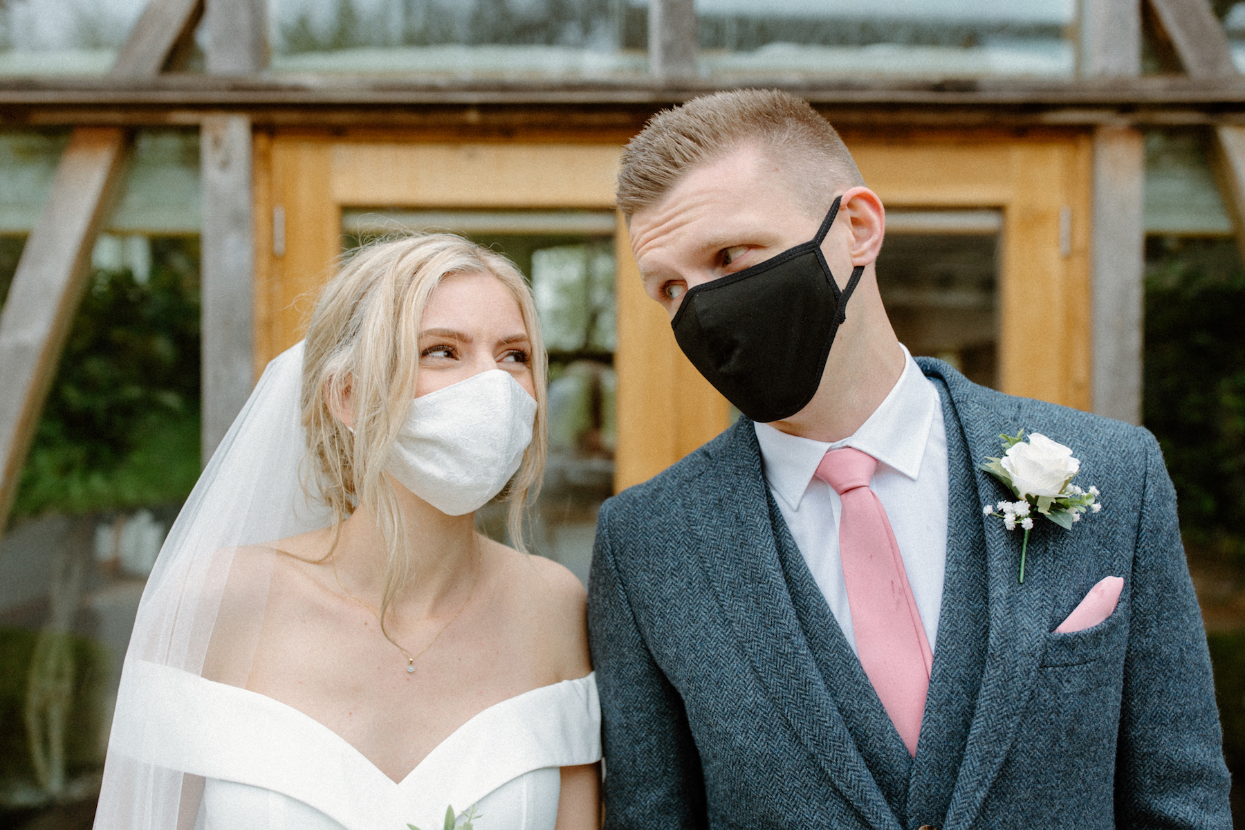 mythe barn micro wedding bride and groom masks